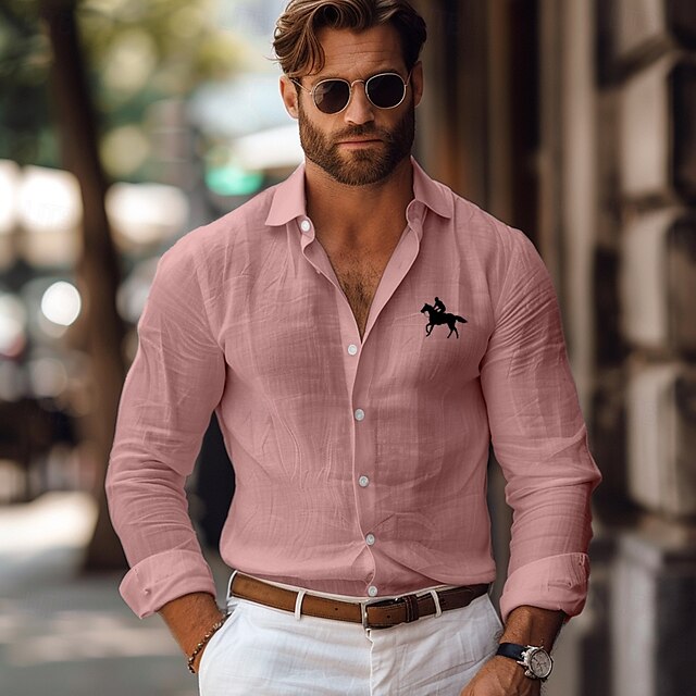 Pink White Horse Linen Shirt Outdoor Men's Green Vacation