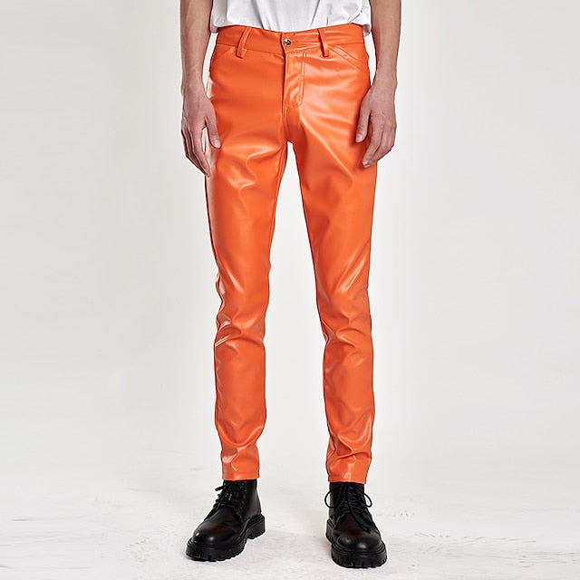 Leather Pants Men's Plain Pocket Faux Trousers Casual