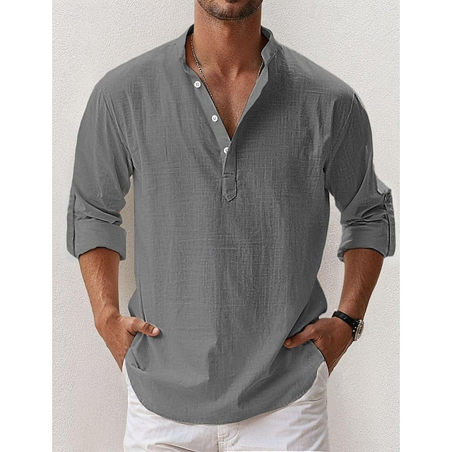 Band Linen Collar Popover Shirt Summer Men's