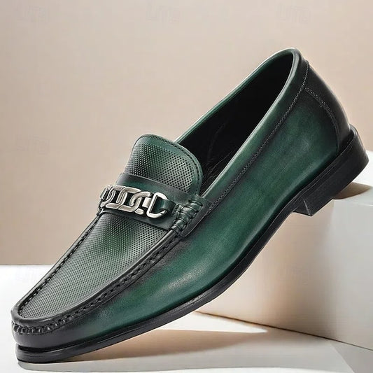 Cowhide Leather Premium Green Loafers Men's with – Metal