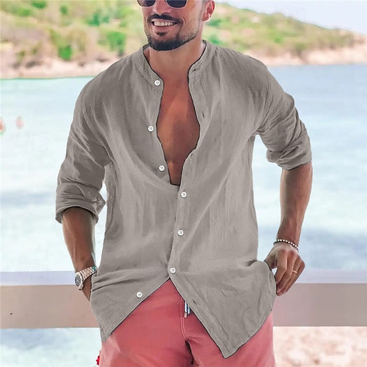 Collar Band Men's Summer Shirt Popover