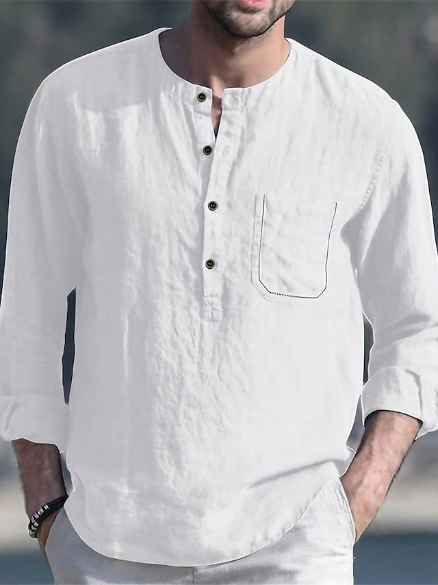 Shirt Linen Cotton Chinese White Men's Collar