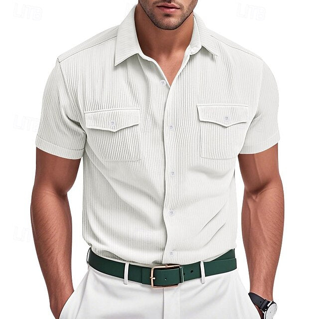 Shirt Casual Button Summer Corduroy Men's