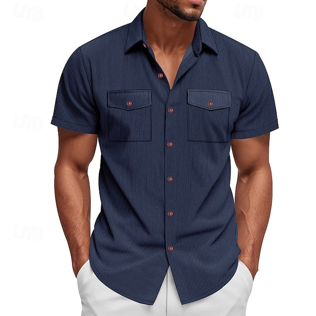 Shirt Casual Button Summer Corduroy Men's