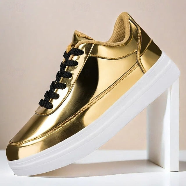 Stylish Gold Sneakers Low-Top – Men's Lace-Up Metallic