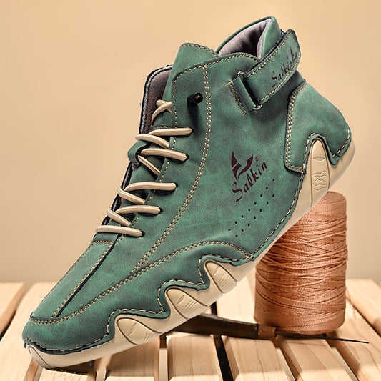 Teal Stylish Handmade Men's High-Top Lace-Up - Boots Suede