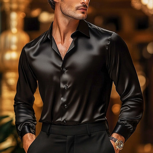 Men's Casual Up Button Plain Shirt Satin