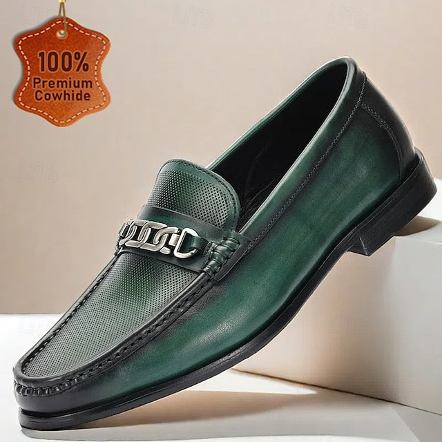 Cowhide Leather Premium Green Loafers Men's with – Metal