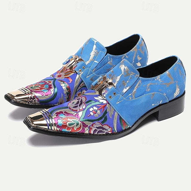 Cowhide Men's Leather Loafers with Floral Pattern Blue
