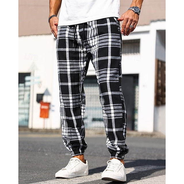 Elastic Casual Men's Plaid Pants Drawstring Waist Trousers
