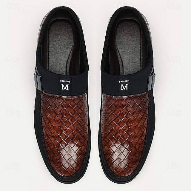 Men's Slip-On Leather Embossed Loafers with Faux Brown