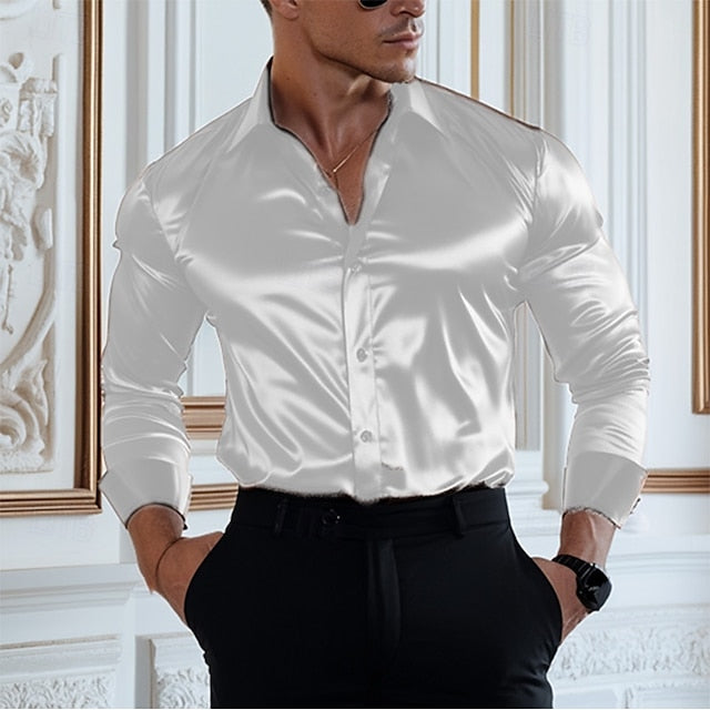 Satin Plain Casual Shirt Men's Up Button