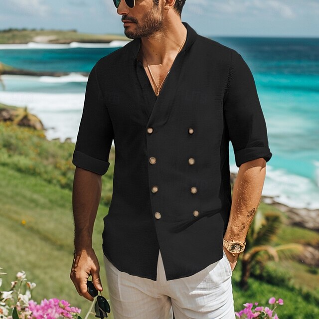 Linen Men's Band Shirt Summer Collar