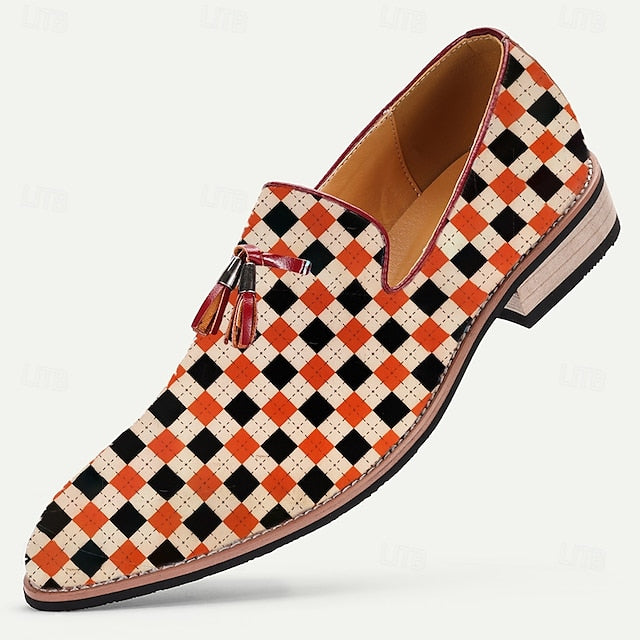 and Leather Men's Loafers White Checkered Orange Slip-On