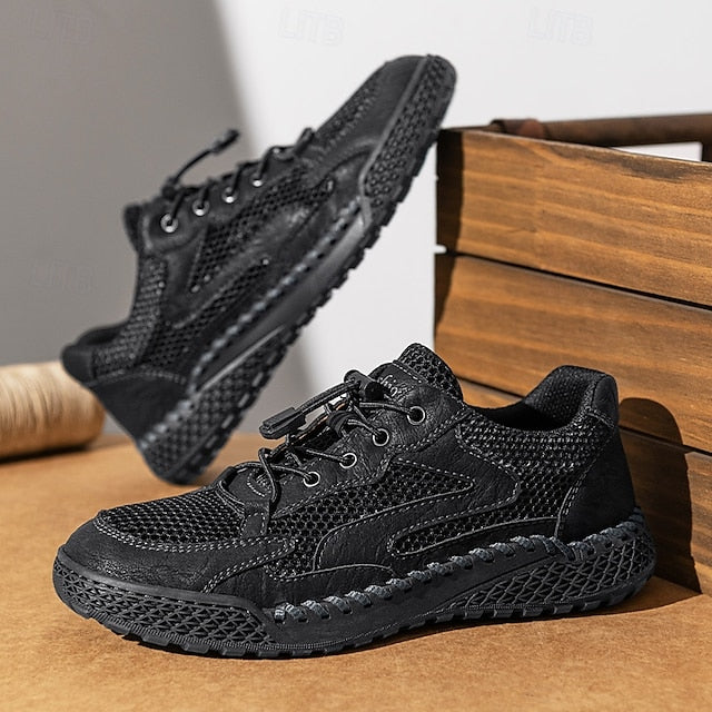 Men's Tan Breathable Mesh Lace-up with Design Sneakers