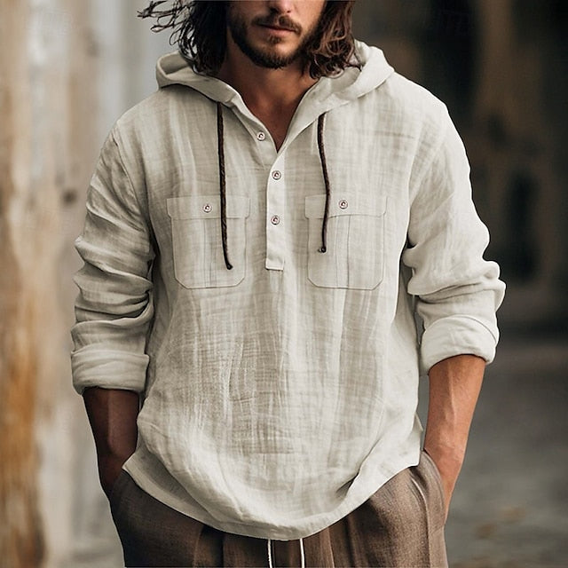 Shirt Hooded Men's Linen Summer Beach