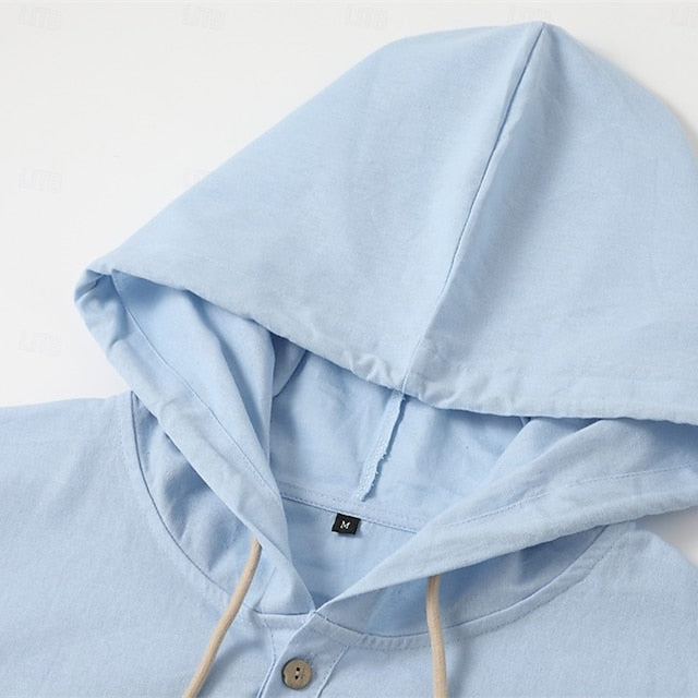 Hooded Linen Men's Button Beach Shirt Up Wear