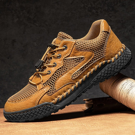 Men's Tan Breathable Mesh Lace-up with Design Sneakers