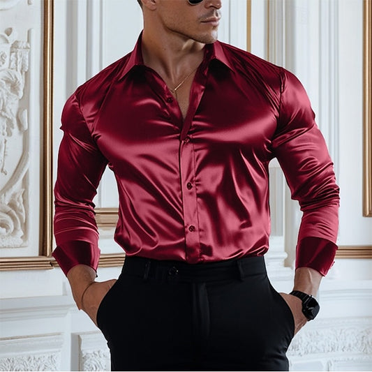 Satin Plain Casual Shirt Men's Up Button
