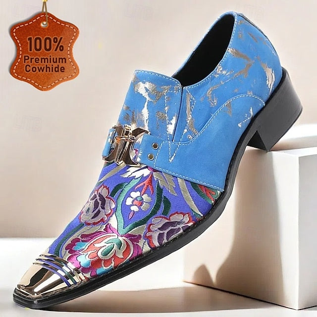 Cowhide Men's Leather Loafers with Floral Pattern Blue
