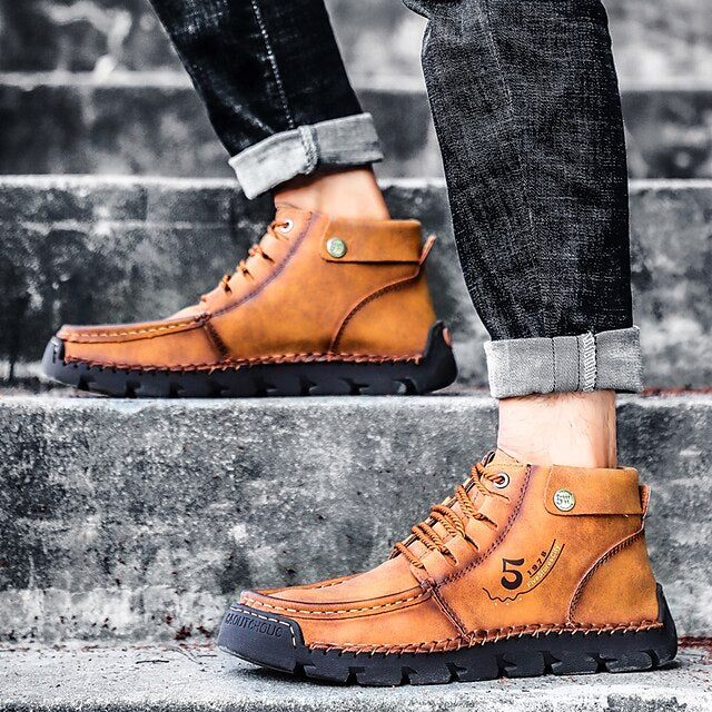 Casual Men's Lace-Up Leather Ankle Vintage Boots –