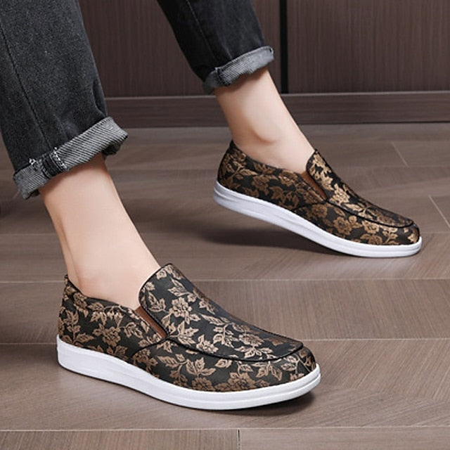 Slip-On Men's – Jacquard Loafers Floral Black Red and