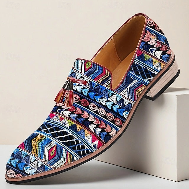 Men’s Pattern Leather Loafers Jacquard Ethnic Faux with