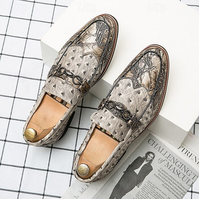 Brown – Men's Loafers Pattern Ostrich with Suede Faux