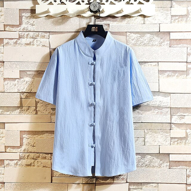 Cotton Linen Collar White Shirt Chinese Men's
