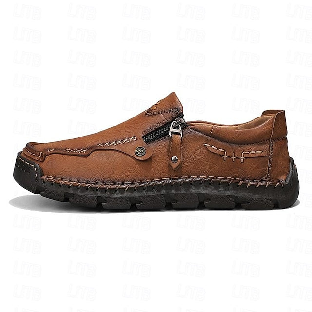 Faux Loafers Leather Brown Slip-On with Side Men's Zipper
