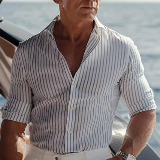 Grey Casual Light Shirt Stripes Long Men's Sleeve Lapel