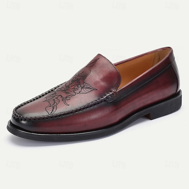 Burgundy Leather Loafers Men's with Stitching Decorative