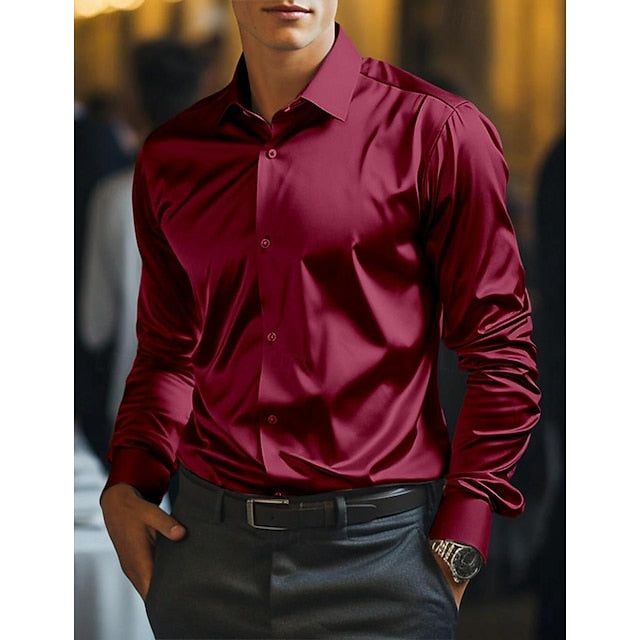 Button Shirt Casual Satin Plain Men's Up