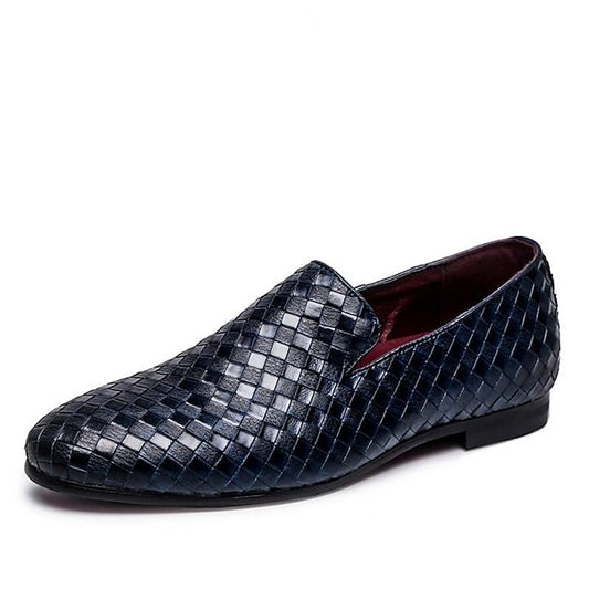 Leather Woven Blue Slip-On Loafers - Men's Stylish Faux