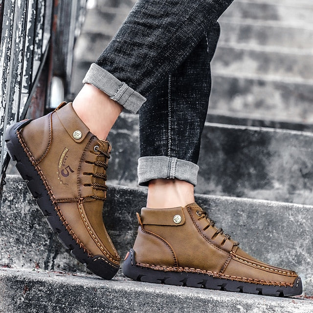 Casual Men's Lace-Up Leather Ankle Vintage Boots –