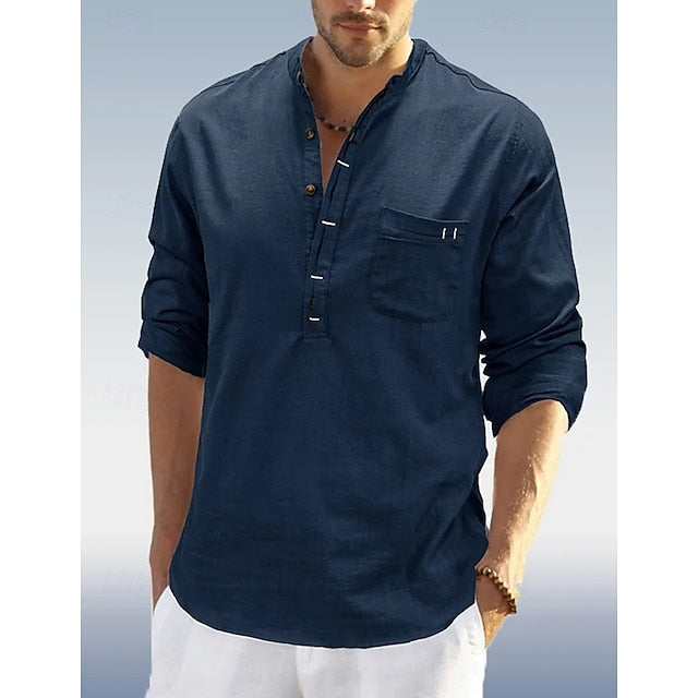 Band Linen Collar Popover Men's Shirt