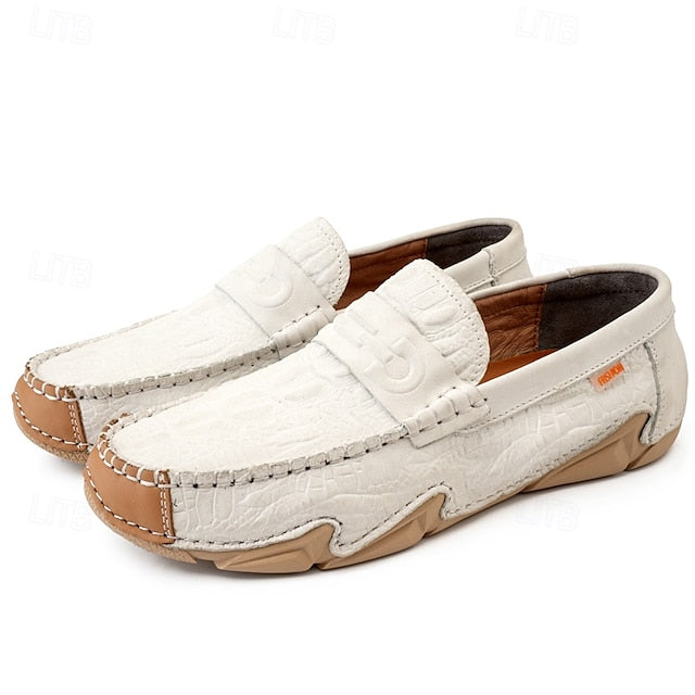 Leather Black with Loafers Faux Men's White Crocodile