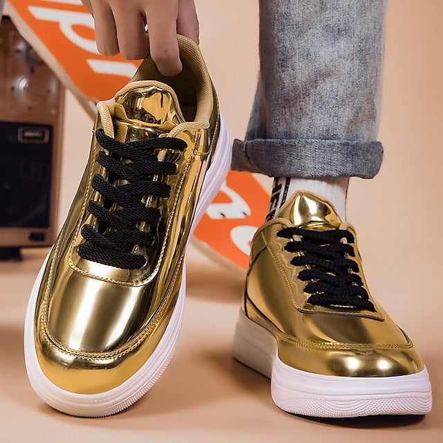 Stylish Gold Sneakers Low-Top – Men's Lace-Up Metallic