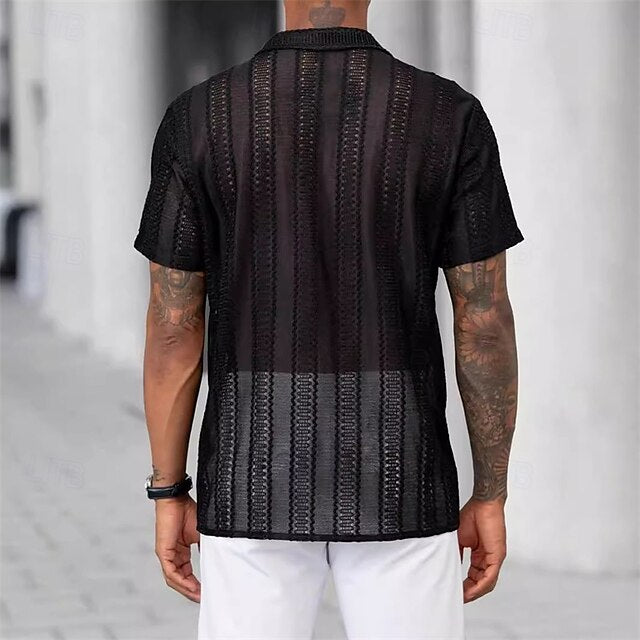 Shirt Summer Casual Men's Up Button Black