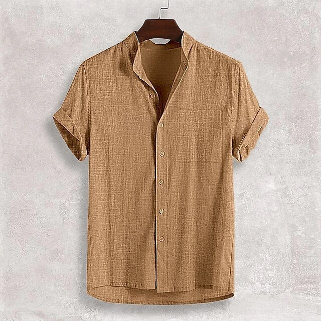 Plain Men's Band Casual Shirt Linen Collar