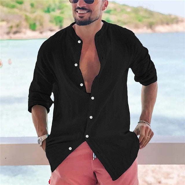 Collar Band Men's Summer Shirt Popover
