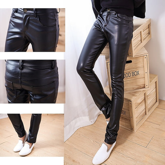 Faux Solid Leather Casual Trousers Men's Pocket Pants