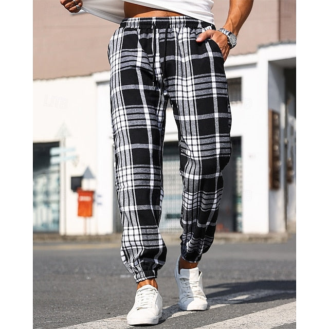 Elastic Casual Men's Plaid Pants Drawstring Waist Trousers