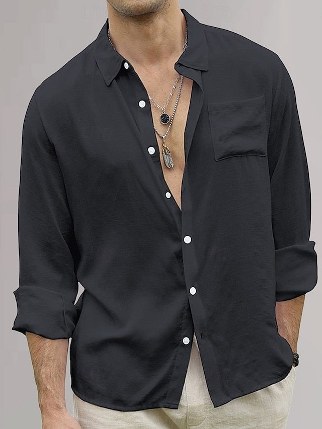 Plain Vacation Cotton Shirt Linen Black Men's Yellow Green