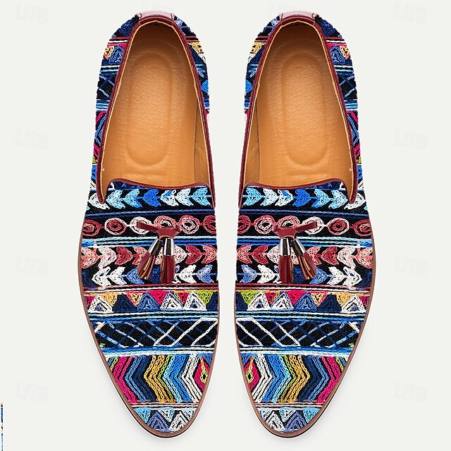 Men’s Pattern Leather Loafers Jacquard Ethnic Faux with