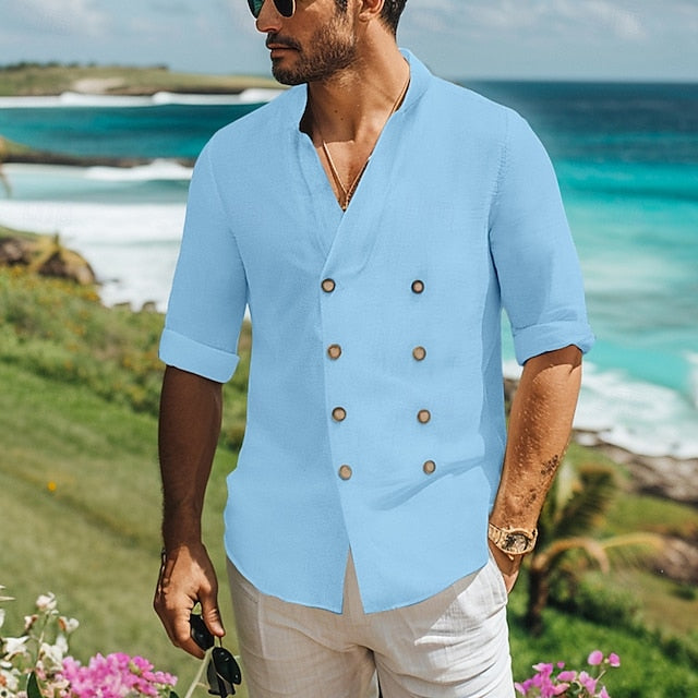 Linen Men's Band Shirt Summer Collar
