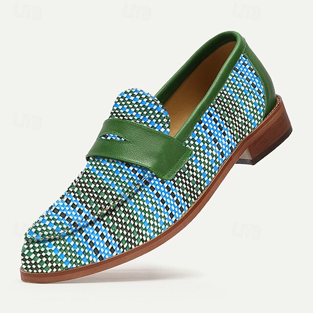 Leather Woven Blue Slip-On Loafers - Men's Stylish Faux