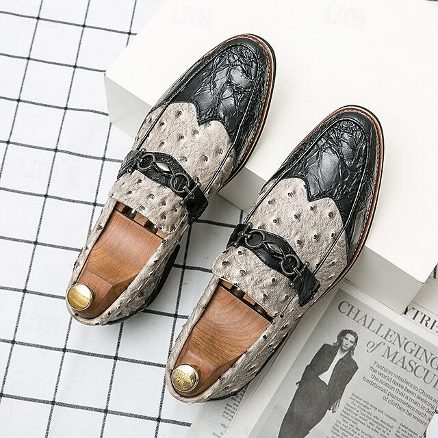 Brown – Men's Loafers Pattern Ostrich with Suede Faux
