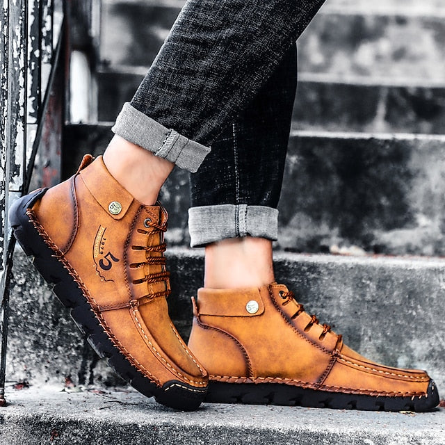 Casual Men's Lace-Up Leather Ankle Vintage Boots –