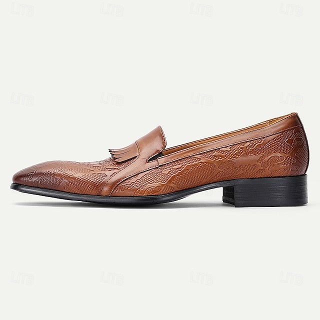 Black Men's Decorative Cowhide Premium Slip-On Loafers with